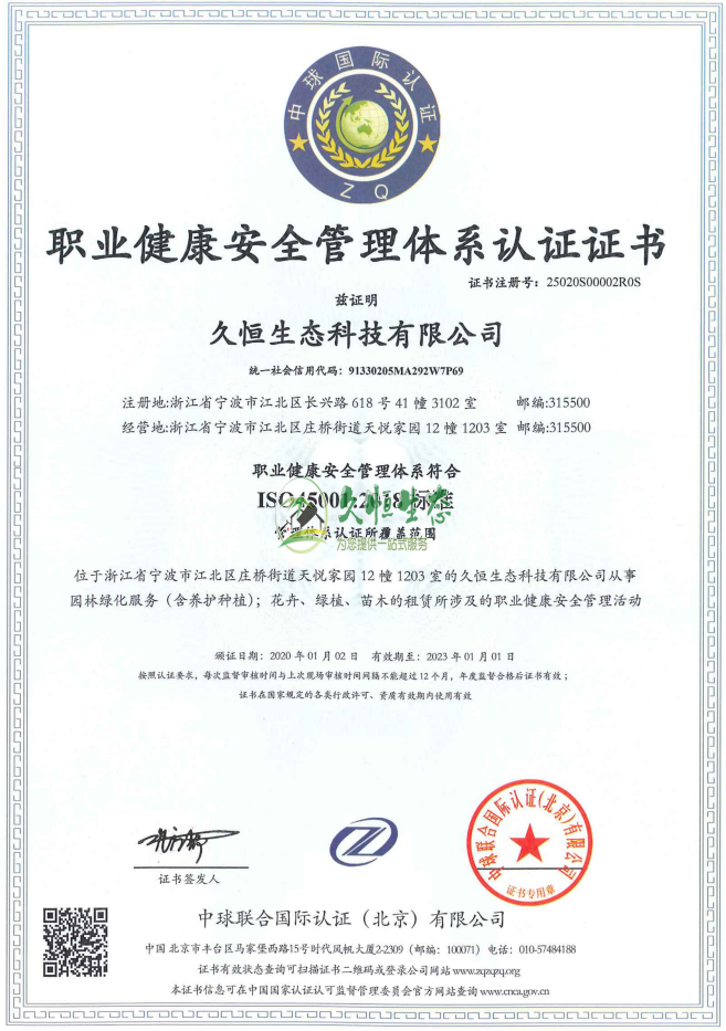 嘉兴1职业健康安全管理体系ISO45001证书